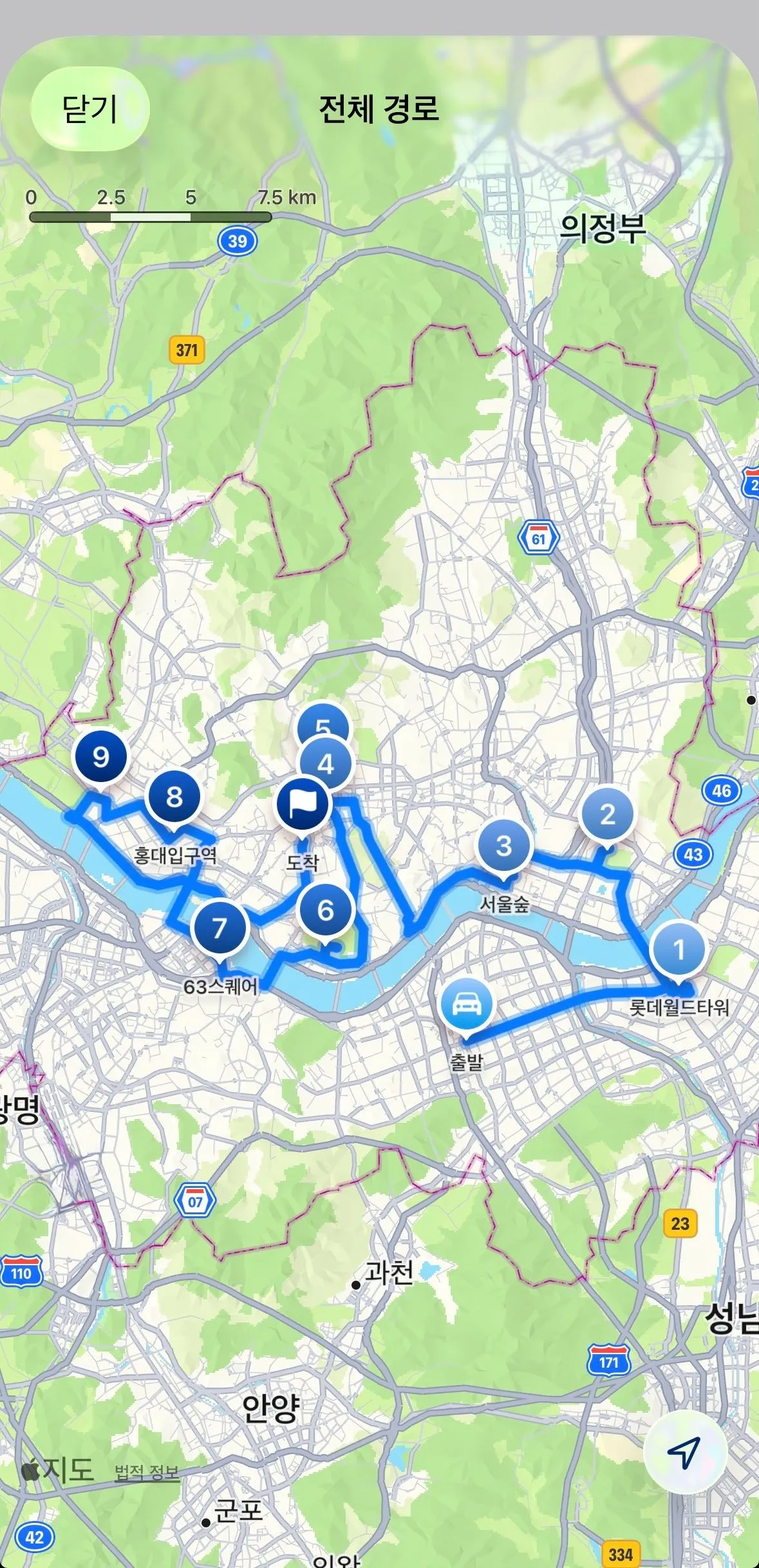 전체 경로를 지도에 표시한 화면